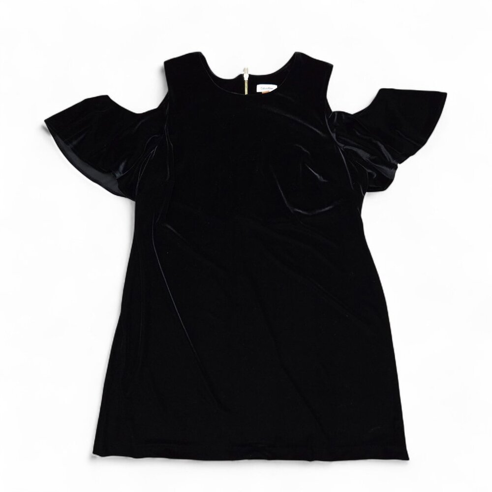 Calvin Klein Black Velvet Stretch Dress Women's Cold Shoulder Midi Gold Zip 22W